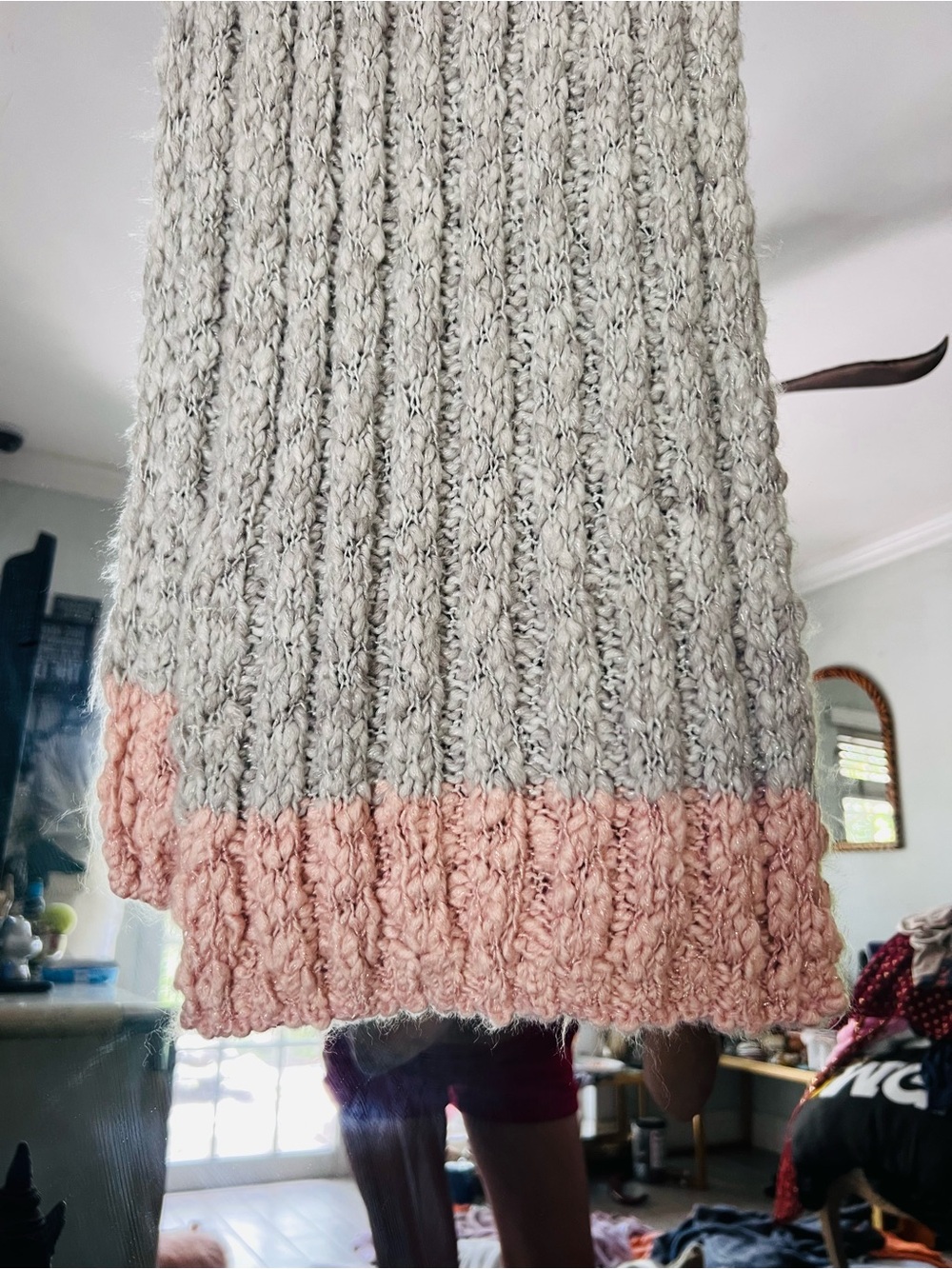 Hollister Furry n’ Snuggly soft Ribbed Scarf in Light Gray with Pink Hem